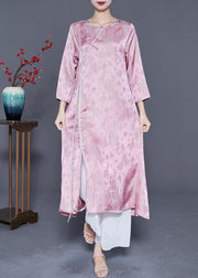 Art Pink Jacquard Side Open Lace Up Silk Oriental Long Dresses Summer