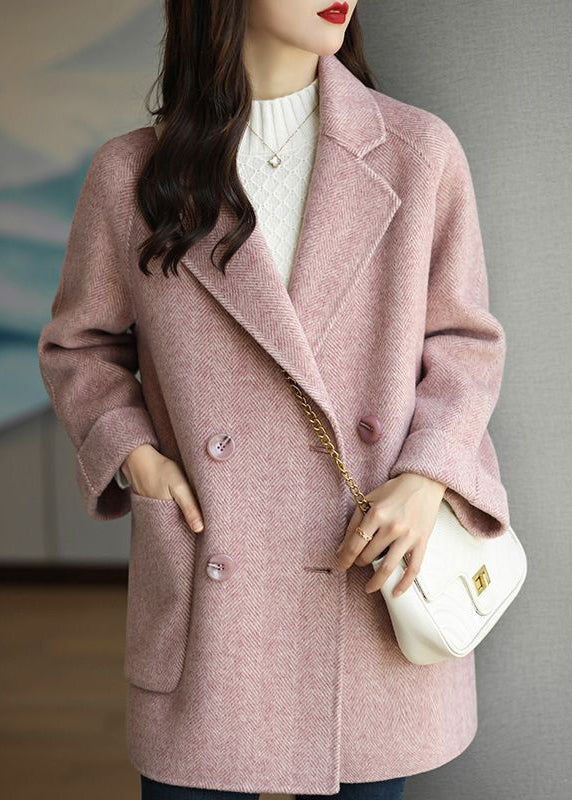 Art Pink Lapel Double Breast Thick Woolen Trench Fall