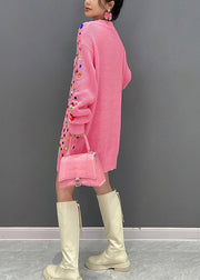 Art Pink O-Neck Bright Diamond Knit Mid Dress Winter