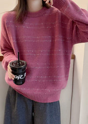 Art Pink O Neck Cozy Cotton Knit Sweater Fall