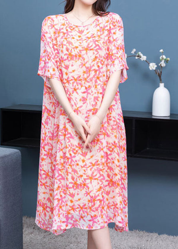 Art Pink O Neck Print Patchwork Chiffon Dresses Summer