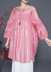 Art Pink Oversized Lace Patchwork Chiffon Vacation Dress Summer