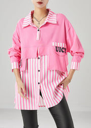 Art Pink Oversized Patchwork Striped Cotton Sweatshirts Top Fall