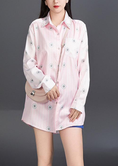 Art Pink Peter Pan Collar Print Cotton Shirt Fall