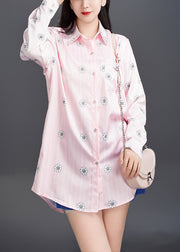 Art Pink Peter Pan Collar Print Cotton Shirt Fall