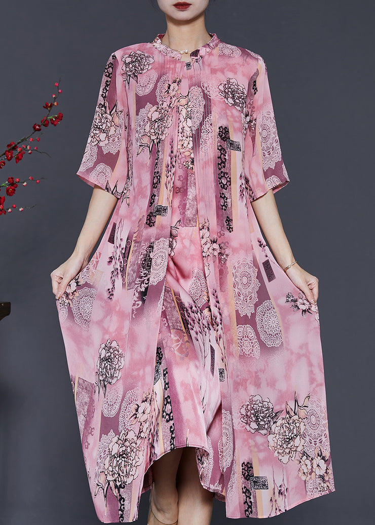 Art Pink Print Draping Silk Fake Two Piece Dresses Half Sleeve