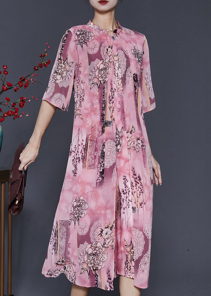 Art Pink Print Draping Silk Fake Two Piece Dresses Half Sleeve