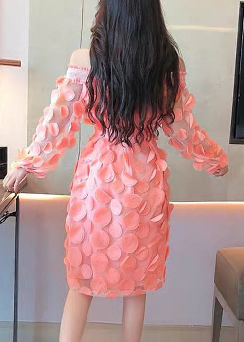 Art Pink Slash Neck Tie Waist Patchwork Tulle Mid Dress Long Sleeve