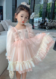 Art Pink Square Collar Embroideried Tulle Girls Long Dresses Long Sleeve