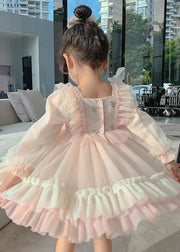 Art Pink Square Collar Embroideried Tulle Girls Long Dresses Long Sleeve