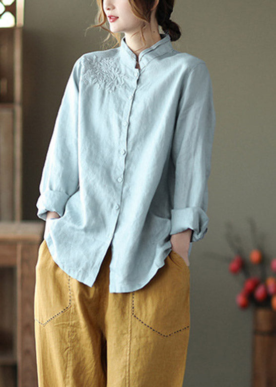 Art Pink Stand Collar Embroideried Button Linen Shirts Long Sleeve