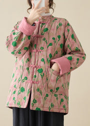 Art Pink Stand Collar Print Pockets Cotton Filled Parka Winter