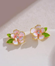 Art Pink Sterling Silver Overgild Zircon Enamel Camellia Flower Stud Earrings