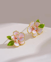 Art Pink Sterling Silver Overgild Zircon Enamel Camellia Flower Stud Earrings