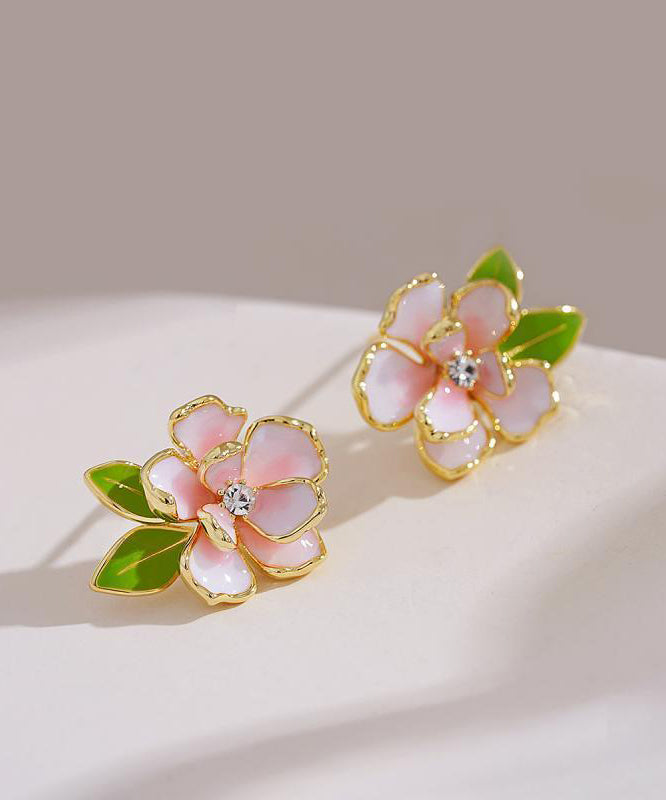 Art Pink Sterling Silver Overgild Zircon Enamel Camellia Flower Stud Earrings