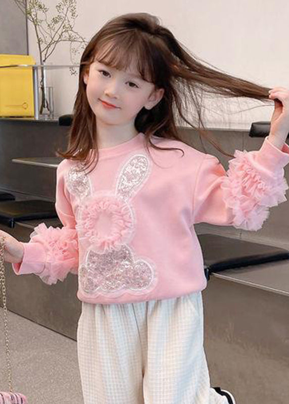 Art Pink Tulle Patchwork Little Rabbit Sequins Kids Sweatshirts Top Fall