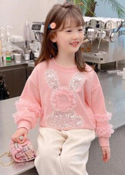 Art Pink Tulle Patchwork Little Rabbit Sequins Kids Sweatshirts Top Fall