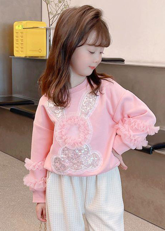 Art Pink Tulle Patchwork Little Rabbit Sequins Kids Sweatshirts Top Fall