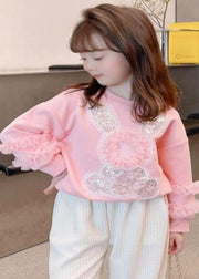 Art Pink Tulle Patchwork Little Rabbit Sequins Kids Sweatshirts Top Fall