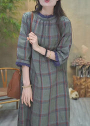 Art Plaid Ruffled Pockets Cotton Long Dress Bracelet Sleeve