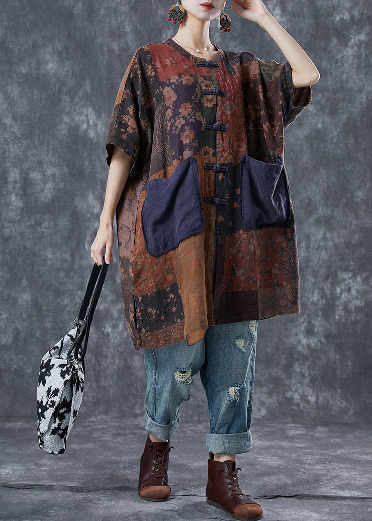 Art Print Chinese Button Patchwork Pockets Linen Coat Outwear Summer