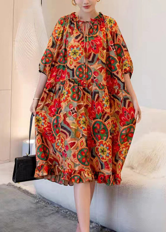 Art Print Ruffled Laxe Up Patchwork Cotton Dress Half Sleeve