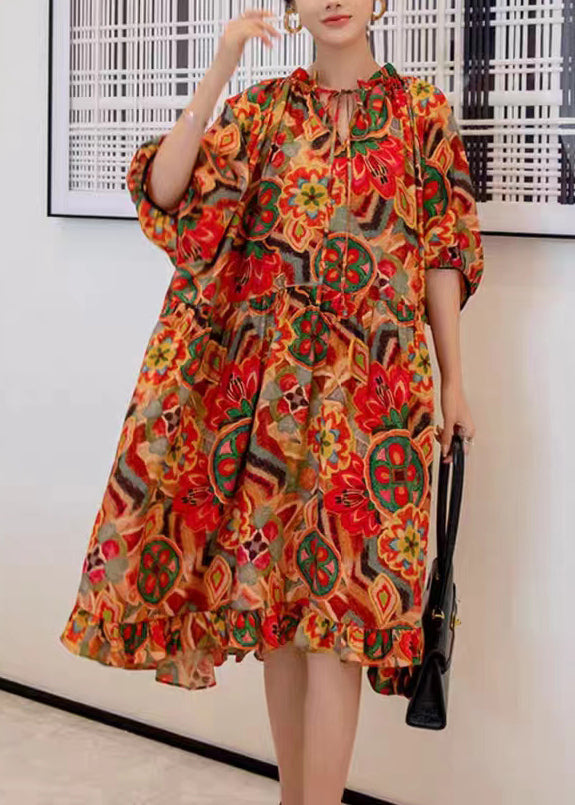 Art Print Ruffled Laxe Up Patchwork Cotton Dress Half Sleeve