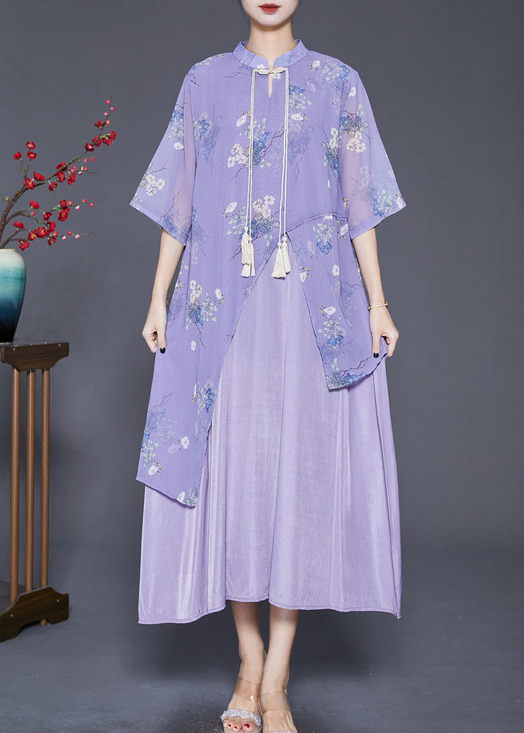 Art Purple Asymmetrical Patchwork Silk Chinese Style Dress Summer