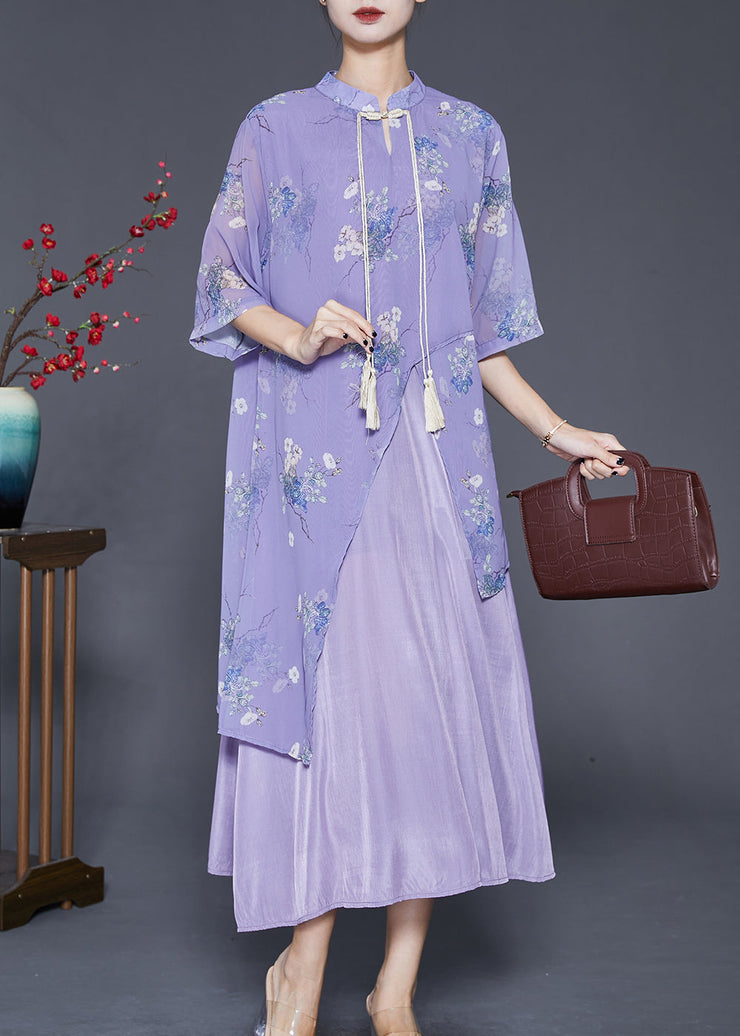 Art Purple Asymmetrical Patchwork Silk Chinese Style Dress Summer