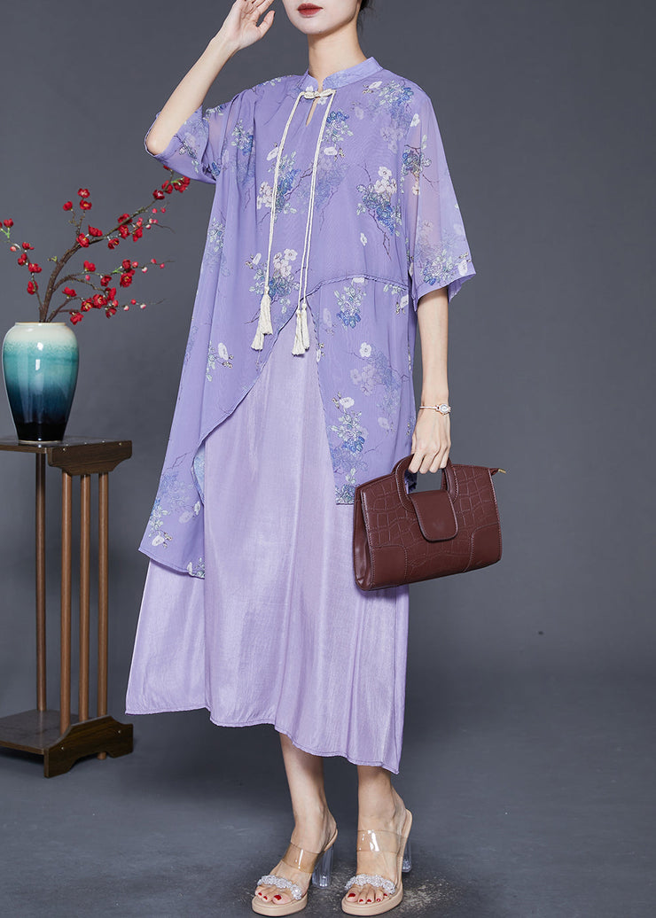 Art Purple Asymmetrical Patchwork Silk Chinese Style Dress Summer