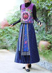 Art Purple Embroideried Floral Linen Waistcoat Fall