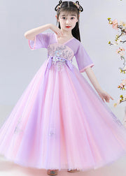 Art Purple Embroideried Tie Waist Tulle Kids Long Dresses Summer