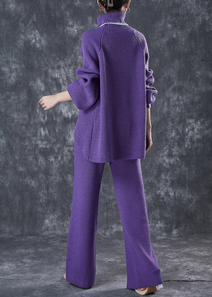 Art Purple High Neck Side Open Cozy Knit Two Pieces Set Winter