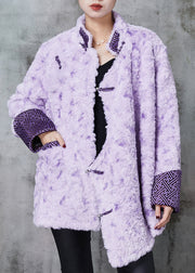 Art Purple Mandarin Collar Chinese Button Faux Fur Coats Spring