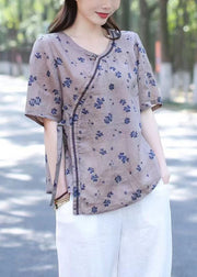 Art Purple O Neck Patchwork Linen T Shirt Tops Short Sleeve