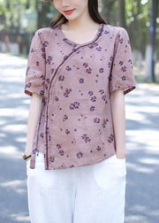 Art Purple O Neck Patchwork Linen T Shirt Tops Short Sleeve