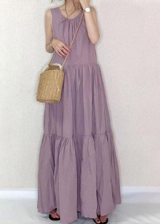 Art Purple O-Neck Patchwork Wrinkled Cotton Long Dress Summer