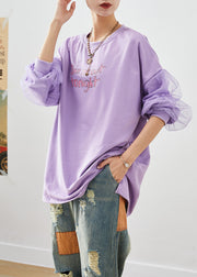 Art Purple Oversized Patchwork Cotton Pullover Streetwear Fall