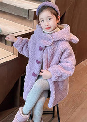 Art Purple Patchwork Pockets Faux Fur Girls Hoodie Long Coat Winter