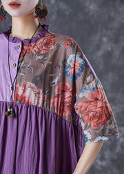 Art Purple Ruffled Patchwork Asymmetrical Linen Dress Summer