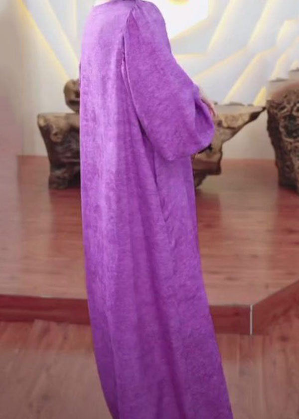 Art Purple Ruffled Patchwork Cotton Straight Dresses Long sleeve