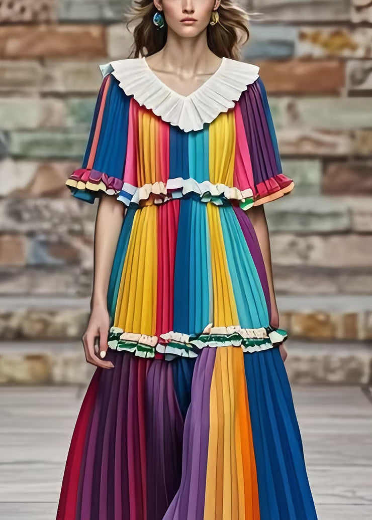 Art Rainbow Peter Pan Collar Striped Chiffon Vacation Pleated Dresses Summer