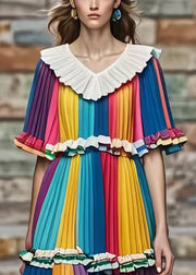 Art Rainbow Peter Pan Collar Striped Chiffon Vacation Pleated Dresses Summer