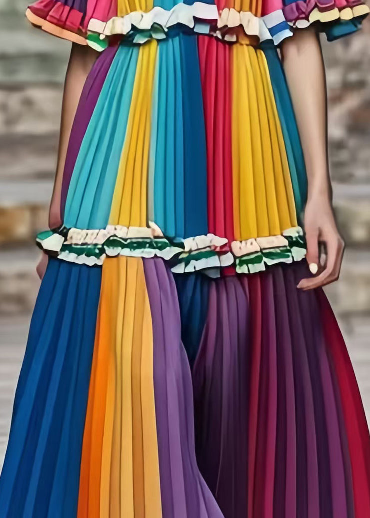 Art Rainbow Peter Pan Collar Striped Chiffon Vacation Pleated Dresses Summer