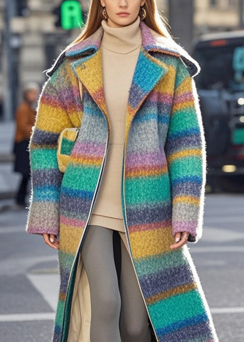 Art Rainbow Striped Thick Woolen Trench Fall