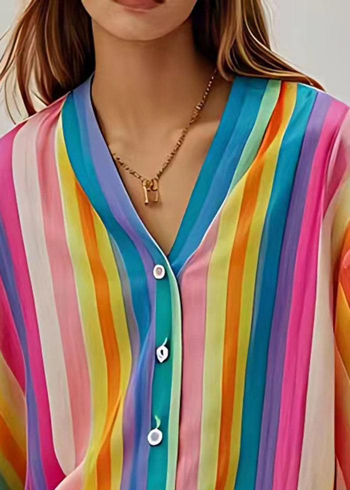 Art Rainbow V Neck Striped Linen UPF 50+ Top Summer