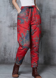 Art Red Elastic Waist Print Fine Cotton Filled Pants Spring