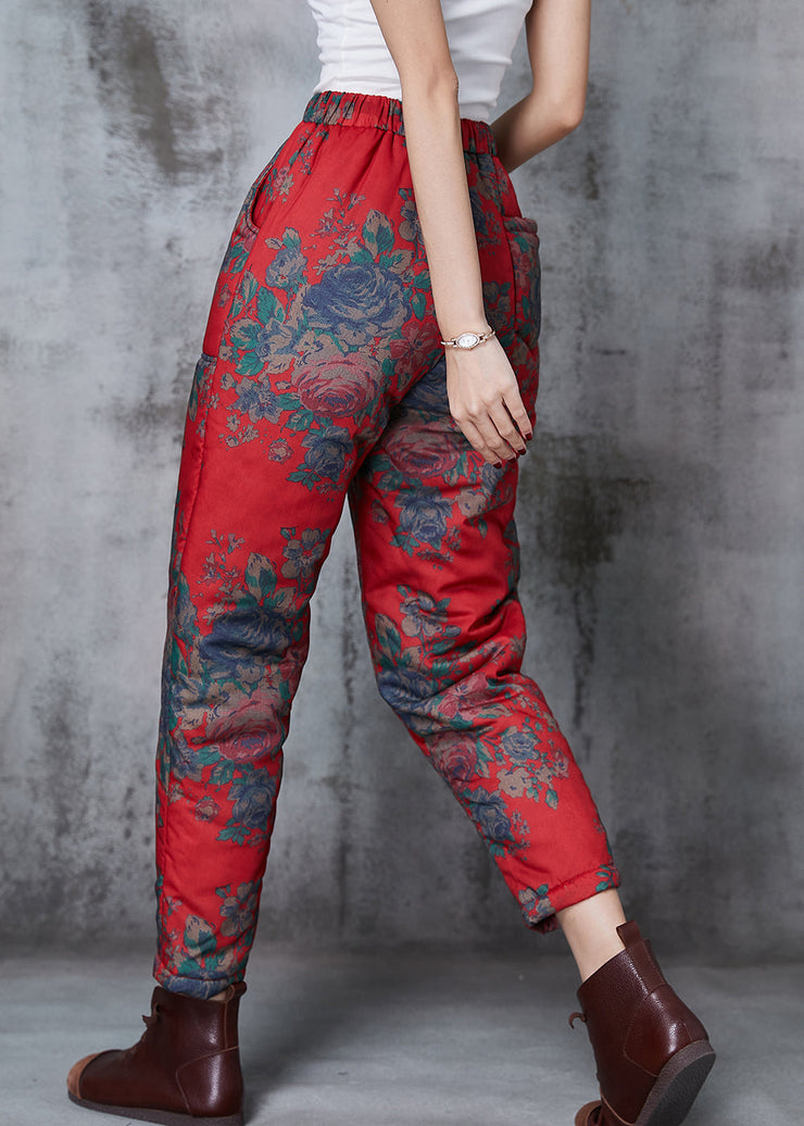 Art Red Elastic Waist Print Fine Cotton Filled Pants Spring