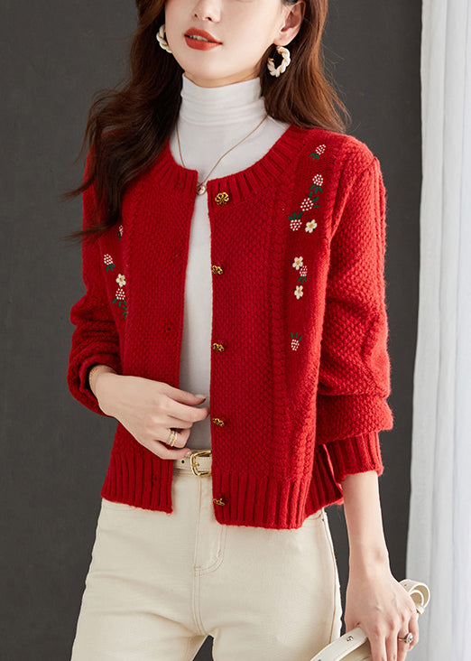 Art Red Embroidered Button Knit Cardigan Fall