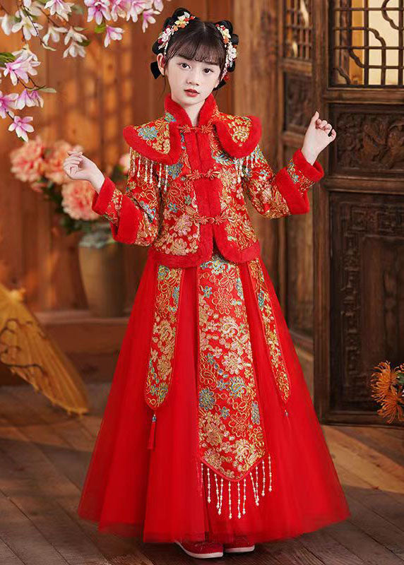 Art Red Embroideried Warm Fleece Kids Coats And Maxi Skirts Two Piece Set Long Sleeve